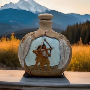 10” Tall X 9” Wide Native American Decanter - Father/son Archery Lesson